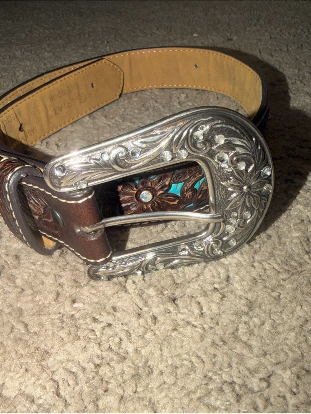 Ariat Brown Leather Kids Belt with Silver Floral Buckle and Turquoise Accent